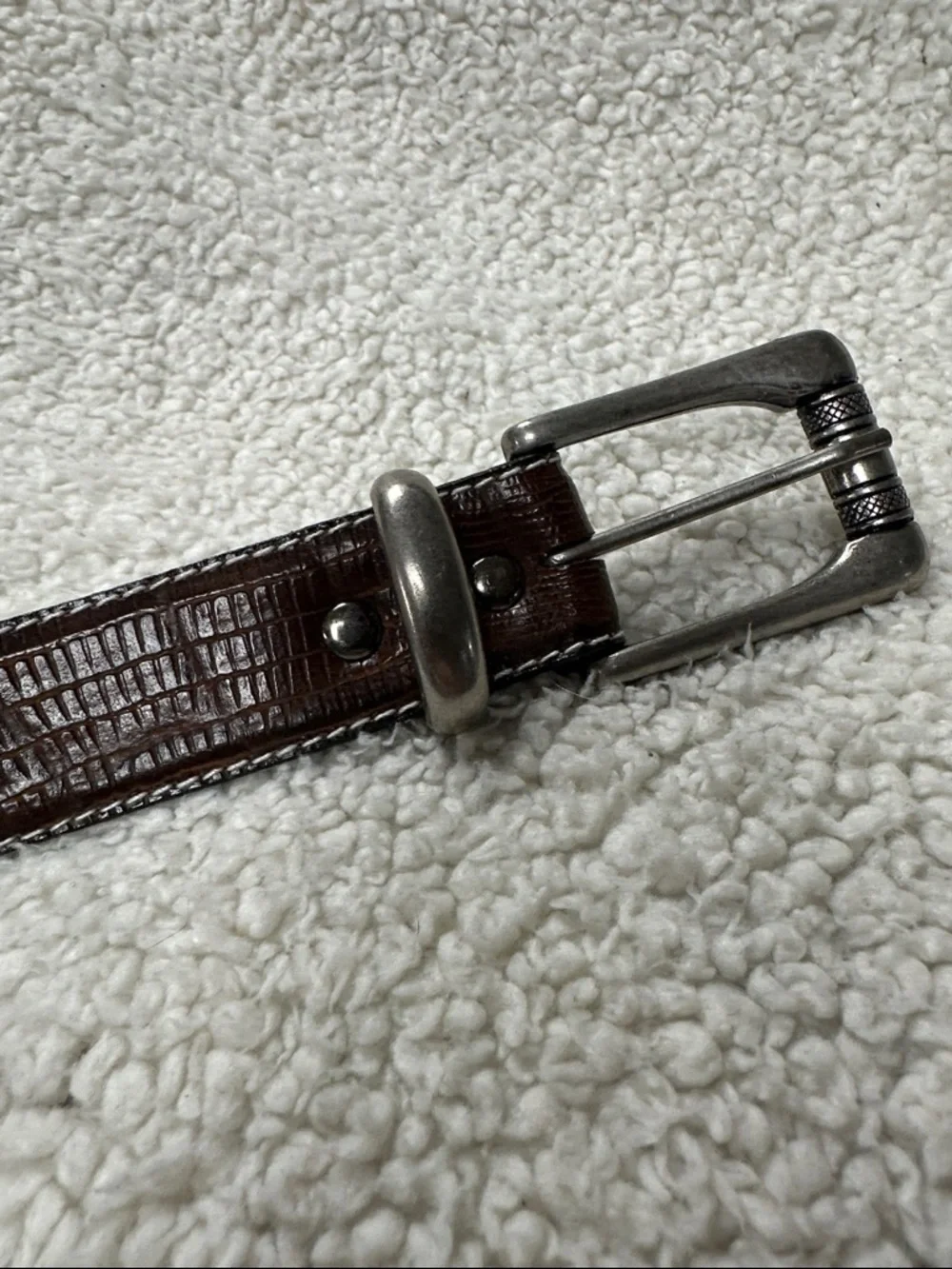Vegan Leather Western Style Heavy Silver Buckle & Tip, Embossed Brown Belt